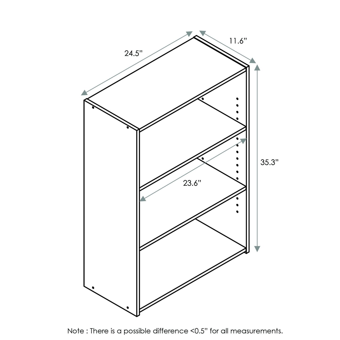 Furinno WRIGHT Book Shelf, 3-Tier Modern Bookshelf, Bookcase with Closed Back, 11.6" x 24.5" x 35.3", for Living Room, Bedroom, Home Office, Soft White