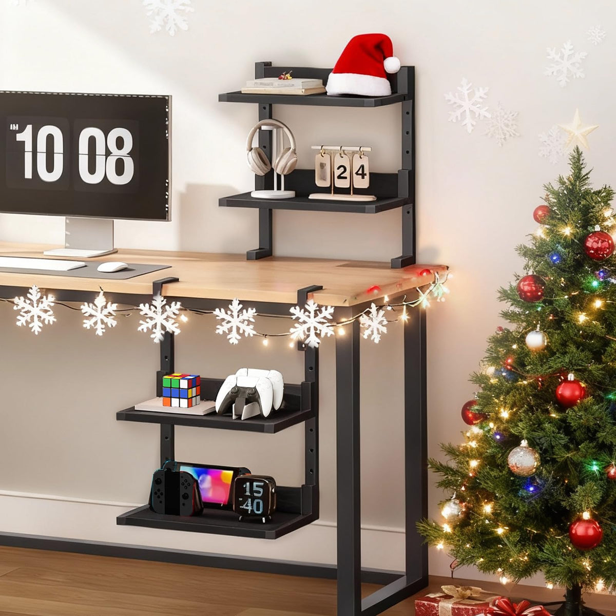 HOOBRO Clamp On Desk Shelf, 2-Tier Desktop Organizer, Space-Saving Desk Shelf with Adjustable Shelves, for Office, Study, Entertainment Accessories, Black BK32SJ01