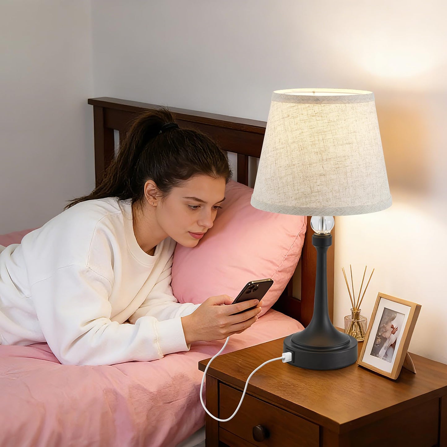 Leasgy 19.7'' Touch Table Lamps for Living Room, Small Lamp for Bedroom with USB C+A Ports, Dimmable Touch Lamps Set of 2, Reading Desk Lamp for Office, Metal Bedside Lamps, Bulbs Included, Black