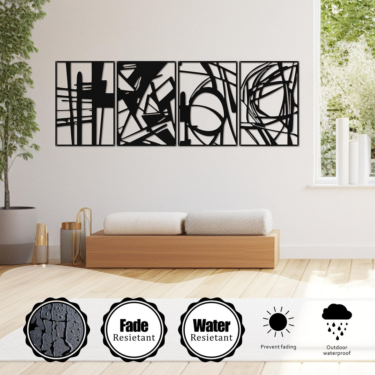 Quanqiuyi 4 Pack Black Abstract Metal Wall Art, 16'' x 11'' Minimalist Single Line Art, 3D Textured Wall Sculptures for Living Room, Bedroom, Bathroom, Study Room Decor