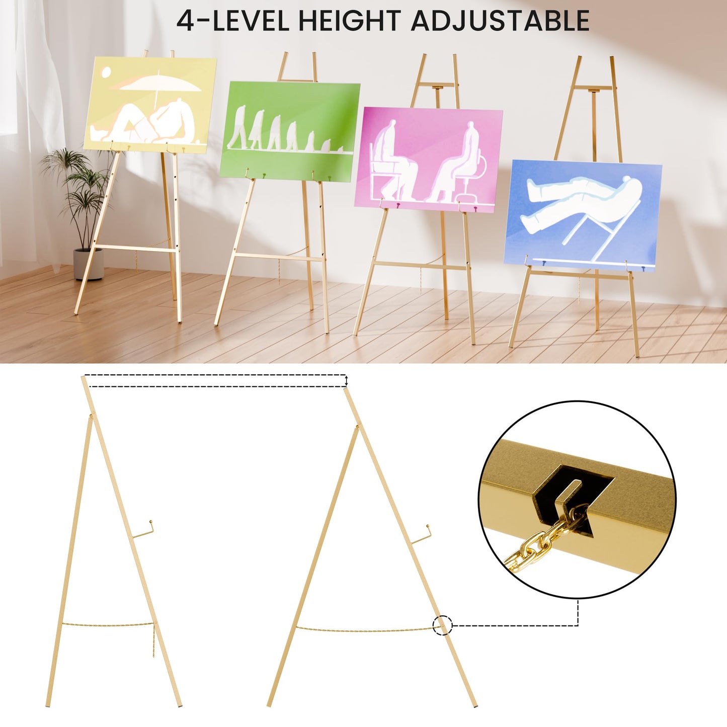 Gold Easel Stand for Sign, Heavy Duty Easel, 4-Tier AdjustableArt Easel for Painting, Wedding Sign 1pc