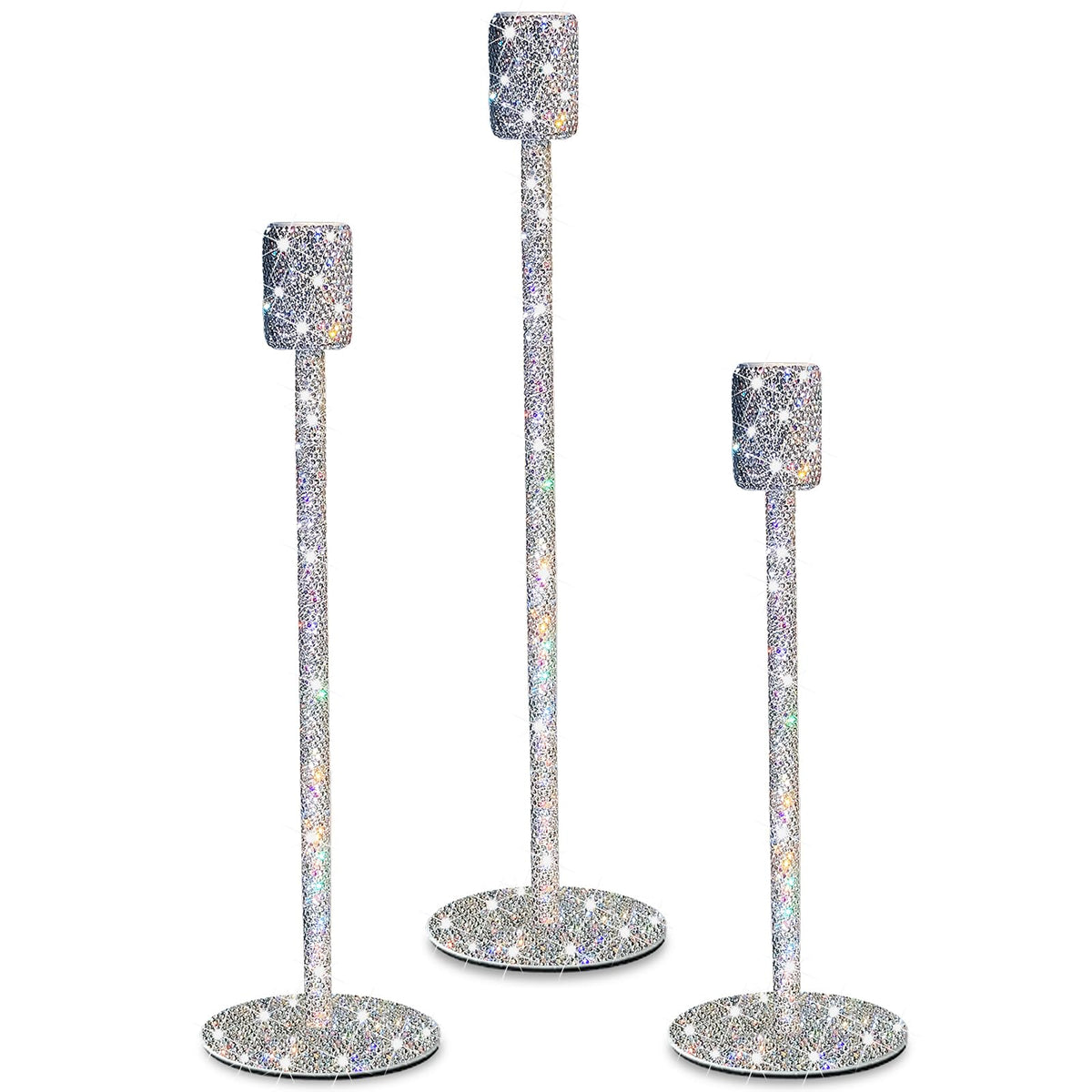 SlowVibes Bling Candlestick Holders Set of 3,White Crystal Rhinestone Tall Taper Candle Holders,Crushed Diamond Home Decor,Decorative Centerpiece for Table Mantel Wedding Fireplace,Housewarming Gift
