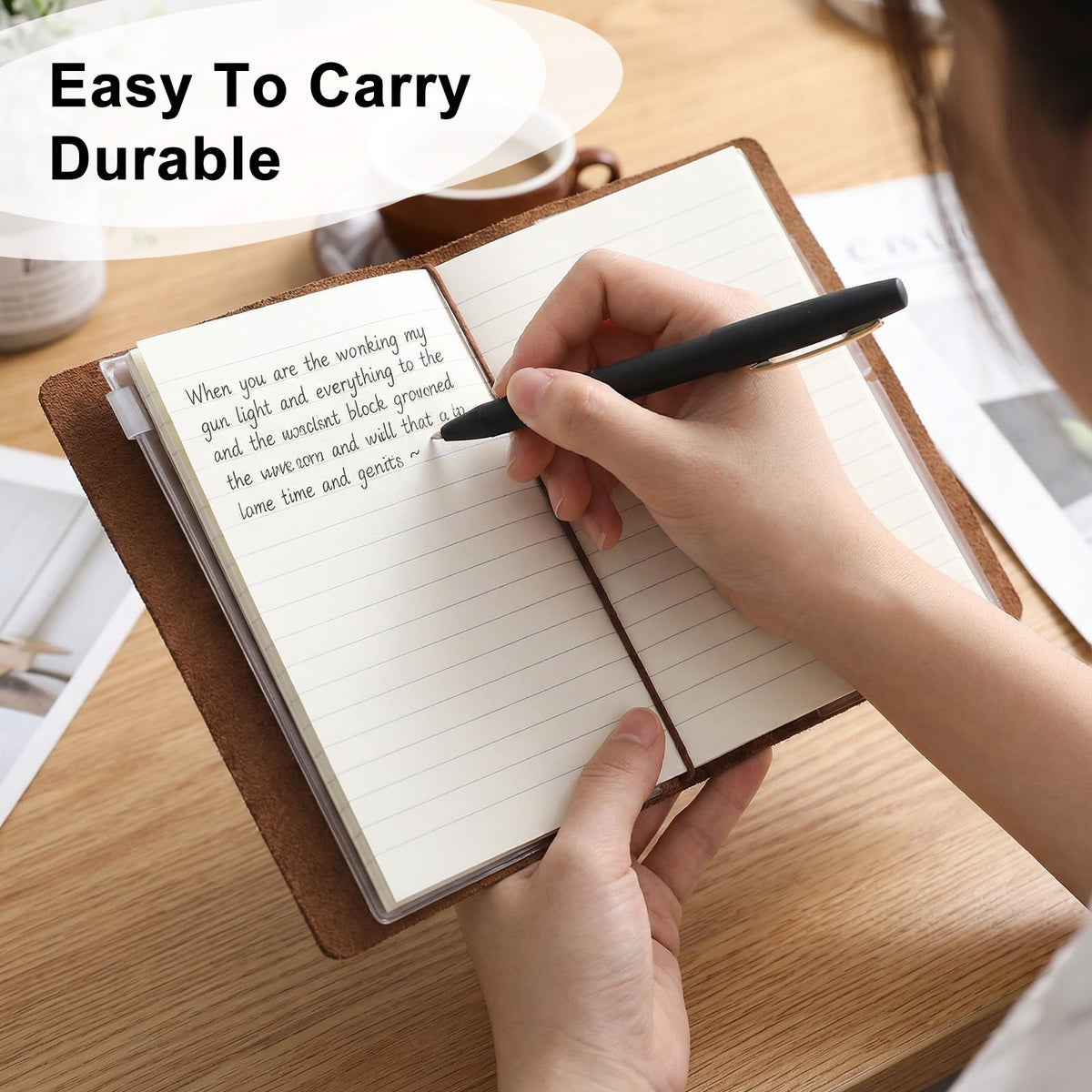 Douaowoc Travelers Refillable Leather Journal Notebook, 5.3" x 4.13" Passport Size Travel Journal Notebook with 3 Inserts,Pen Holder, Binder Clip for Men and Women (Brown)