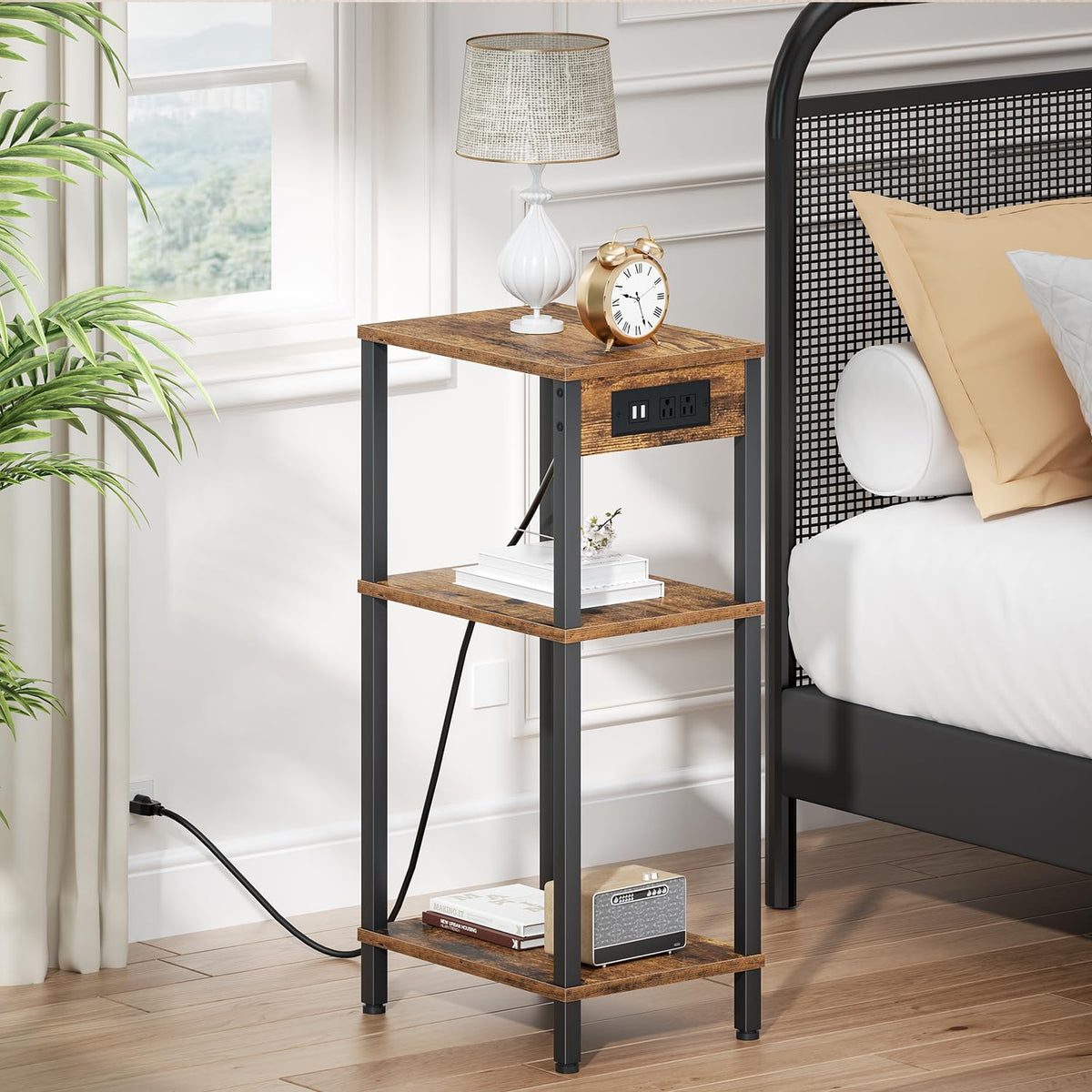 Creso hom Side Table with Charging Station, Tall End Tables Living Room, 30 Inch Skinny Night Stand with Storage, Small Bedside Tables for Bedroom, Office, Dorm, Hallway, Rustic Brown