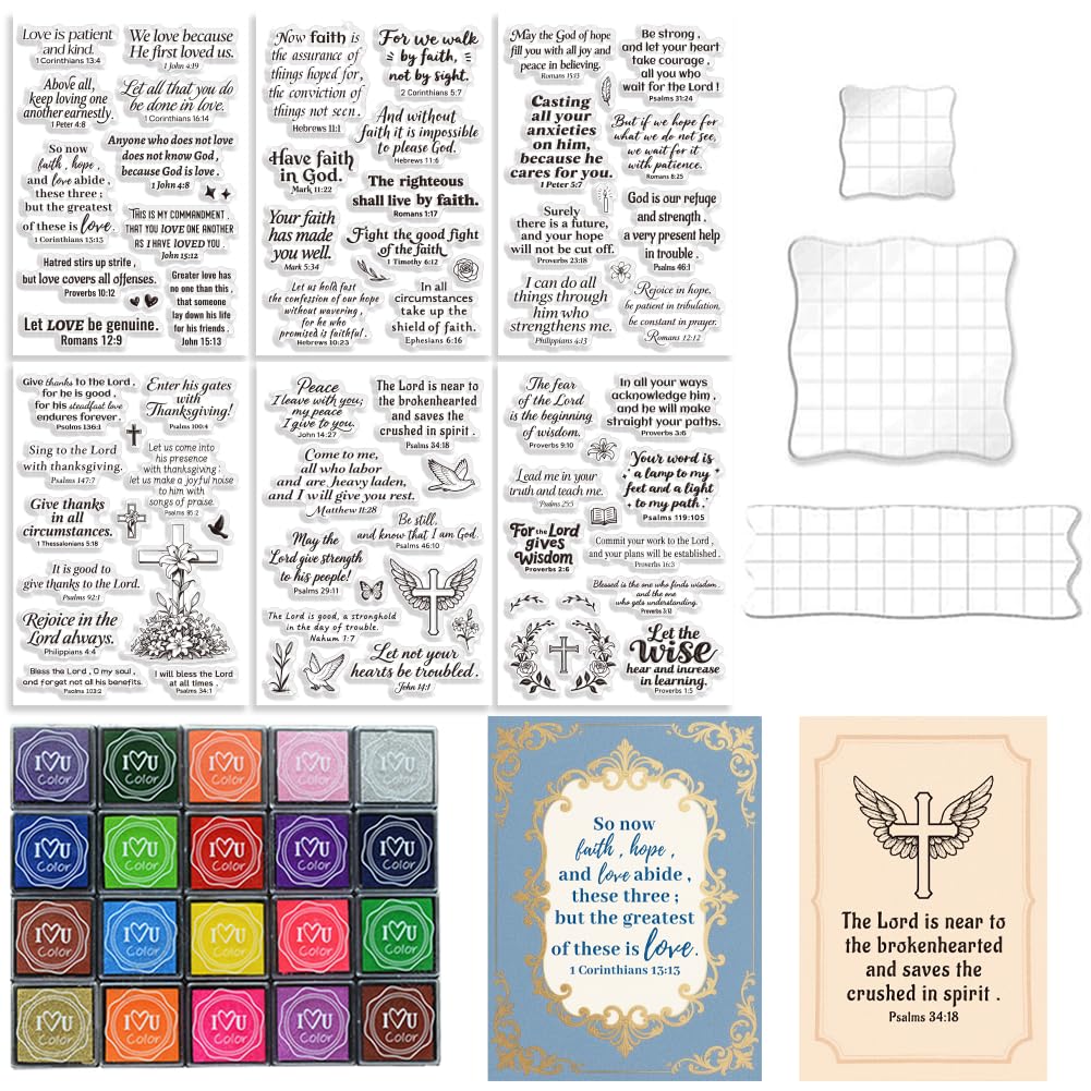 GLASSWINDS 6Pcs Christian Bible Verse Clear Stamps for Card Making Easter Blessing 20 Craft Ink Pad 3 Acrylic Stamp Block Silicone Stamp with Greeting Words Rubber Stamps for Crafting DIY Scrapbooking