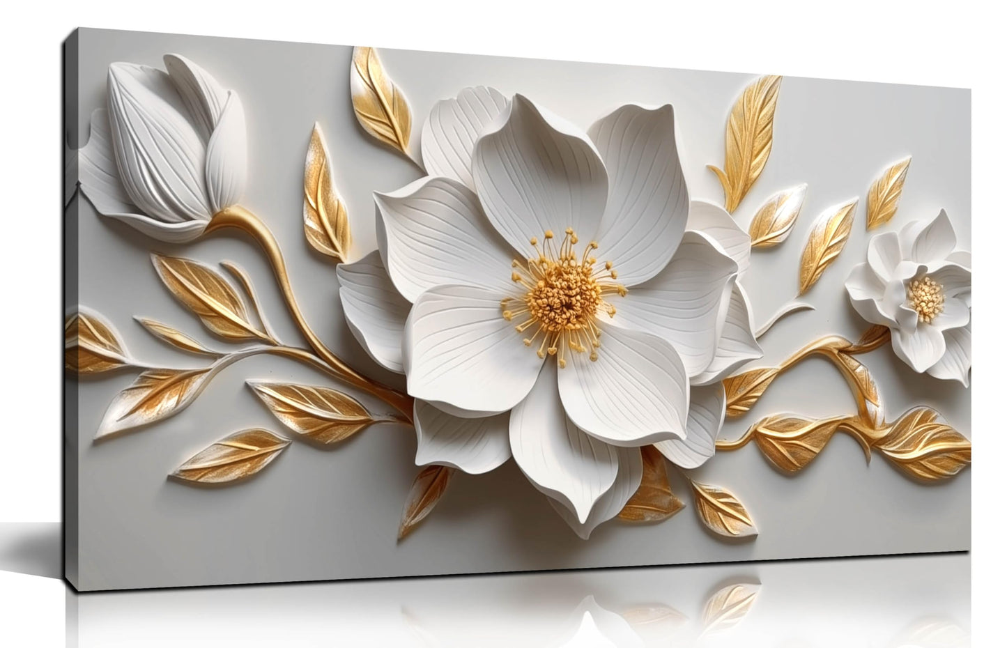 Canvas Wall Art for Living Room Bedroom Office White and Gold Flower Artwork Large Botanical Floral Wall Art Framed Wall Decor Modern Canvas Prints 20x40 In