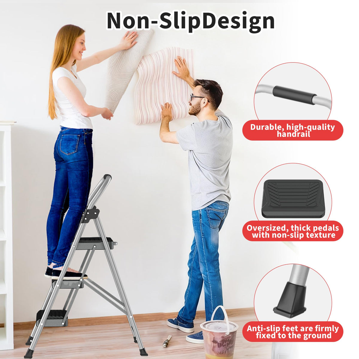 DIAMONDFORGE 3 Step Ladder, Folding Step Stool with Anti-Slip Wide Pedal, Soft Handle, Anti-Slip Feet, Sturdiest Steel Construction, 900lbs Capacity Steel Ladder for Home and Office, GrayBlack