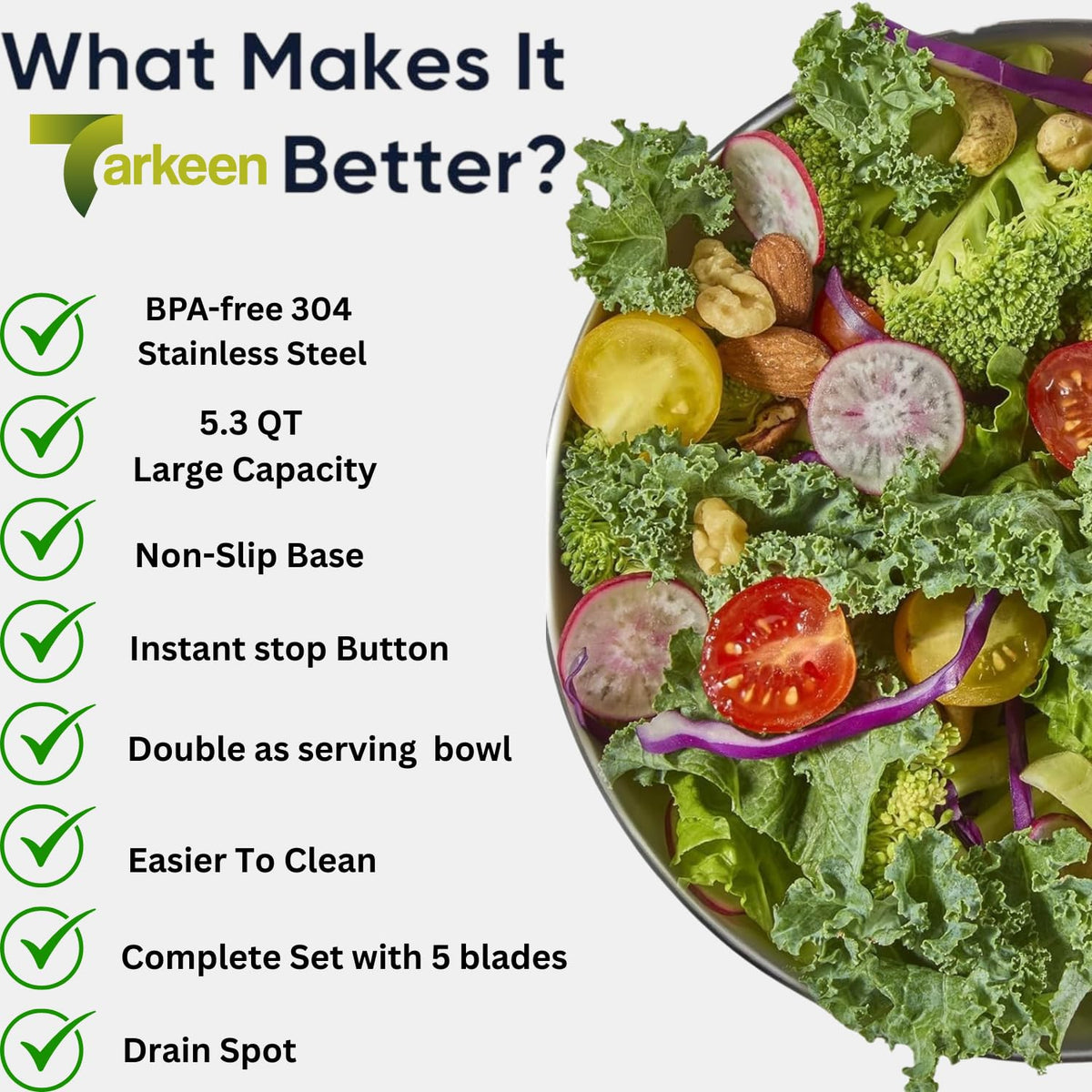Tarkeen Stainless Steel Salad Spinner Large, BPA-Free Lettuce Spinner, 3-in-1 Salad Bowl & Fruit Cleaner with Non-Slip Base, Dishwasher Safe, 5 Blade Slicer & Egg Yolk Separator, 5.3Qt