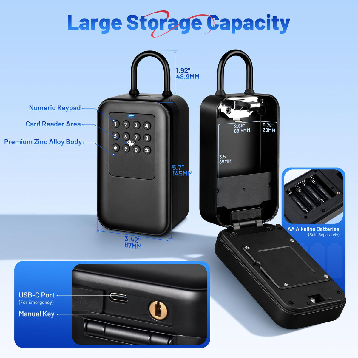 LOQRON Smart Key Lock Box with Bluetooth TTLock APP Control, Silicone Keypad IP65 Waterproof USB-C & Manual Key Emergency Unlock Large Capacity for Outdoor Home & Airbnb