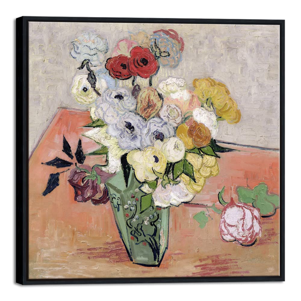 Wieco Art Framed Wall Art Japanese Vase with Roses and Anemones by Vincent Van Gogh Oil Paintings Reproduction Artwork Flowers on Canvas Wall Art for Home and office Decorations