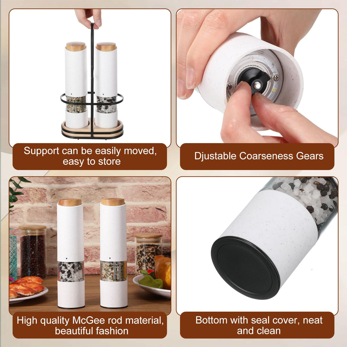 Threlaco Electric Salt and Pepper Grinder Set with 1 Portable Spill Proof Base 2 Packs Battery Operated Salt Pepper shakers with Adjustable Coarseness Light Wheat Straw Grinder for Kitchen(White)