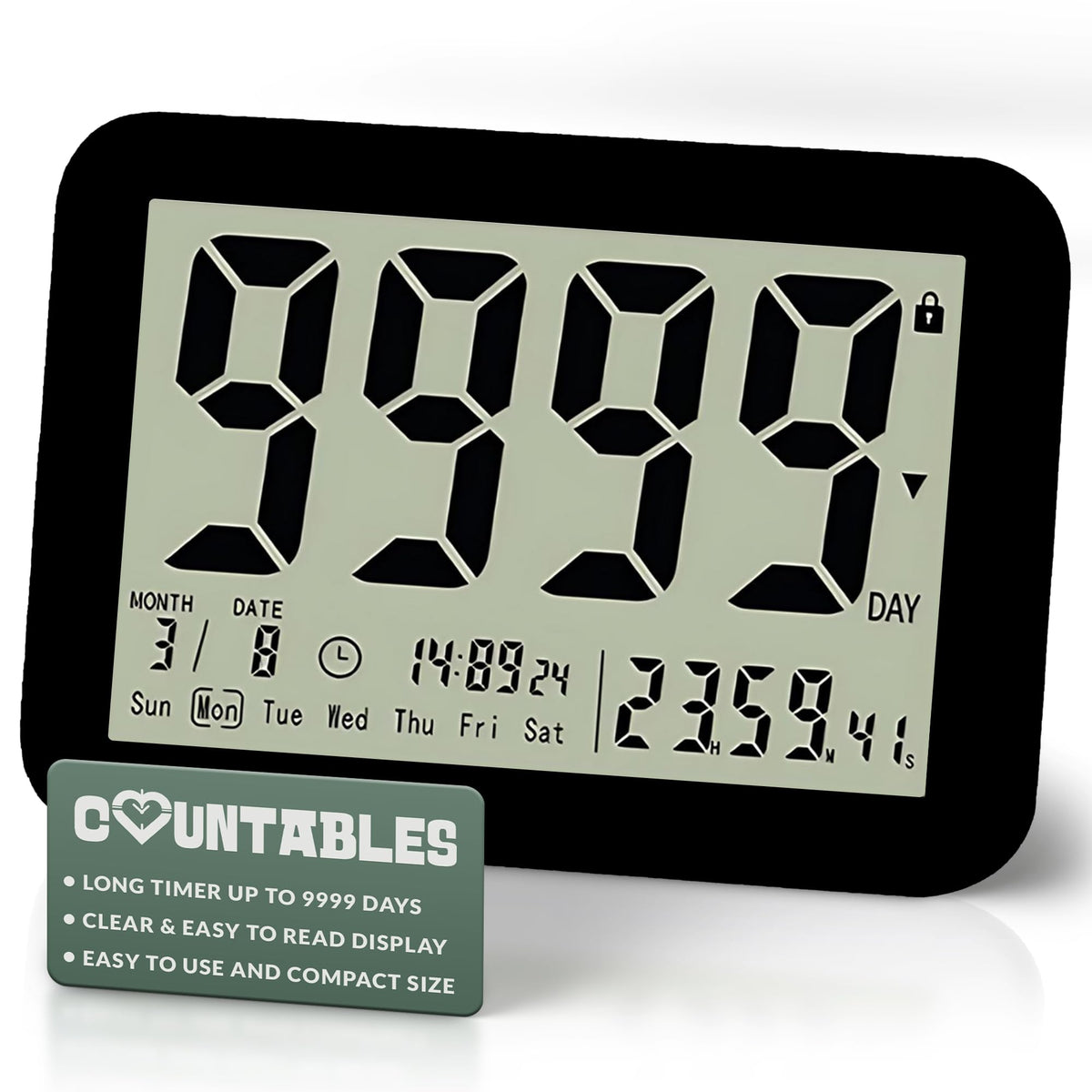 Countables 9999 Days Countdown Clock - Reusable Count Down Timer - Large Display LCD Digital Timer - Visual Countdown Clock and Calendar for Retirement, Wedding, Birthday, Holiday & More (Black)