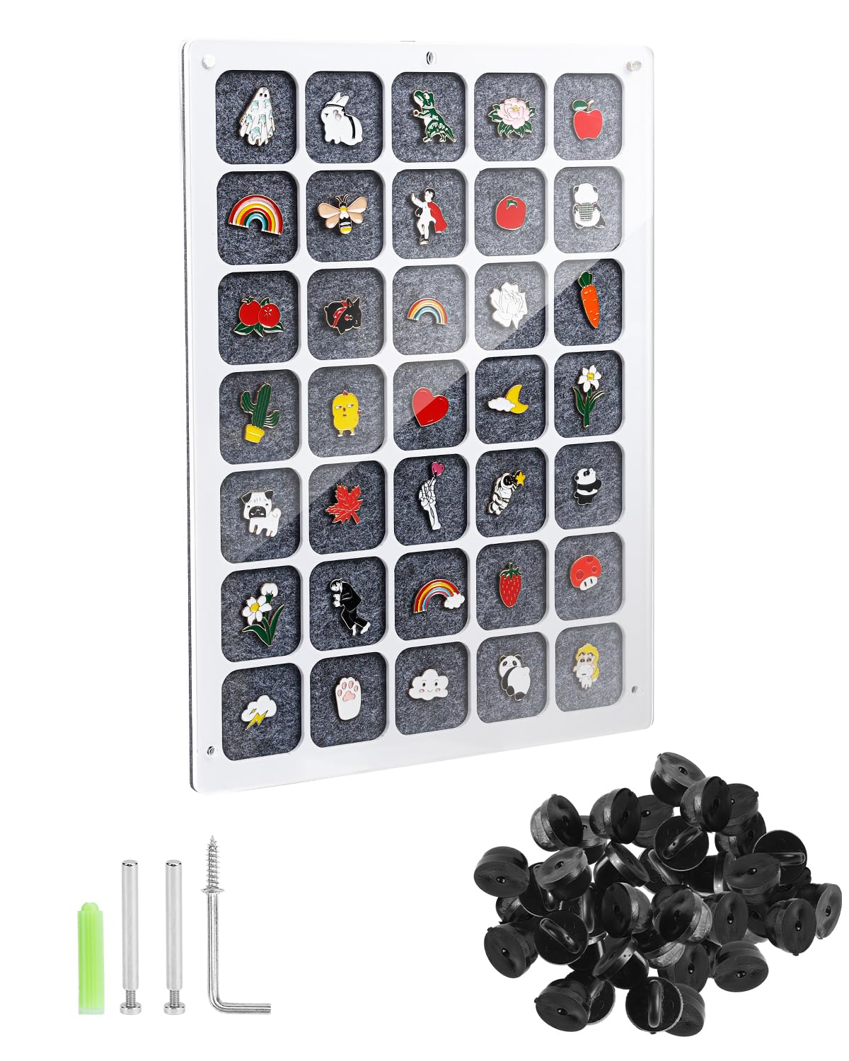 UCEC 35 Grids Clear Acrylic Pin Display Board & 50 PCS Rubber Pin Clutches, Enamel Pin Collection Display Case for Pin Holder, Badge Brooch Pins Organizer Board, Dust-Free Wall & Table Holder Display