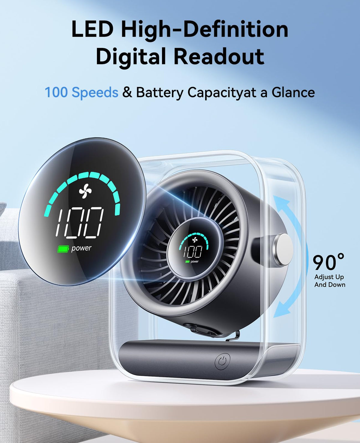 DIGIX Portable Desk Fan for Bedroom, Rechargeable Small Table Fan with 100 Speeds, 90° Rotation, Turbo Airflow, LED Display, Quiet Personal USB Cooling Fan for Office Home Travel Camping, Black