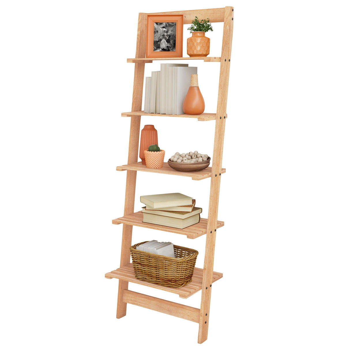 5-Tier Ladder Shelf - 50-Inch Narrow Leaning Bookshelf - Wooden Bookcase for Living Room, Bathroom, Kitchen, Office, or Bedroom Furniture by Lavish Home (Oak)