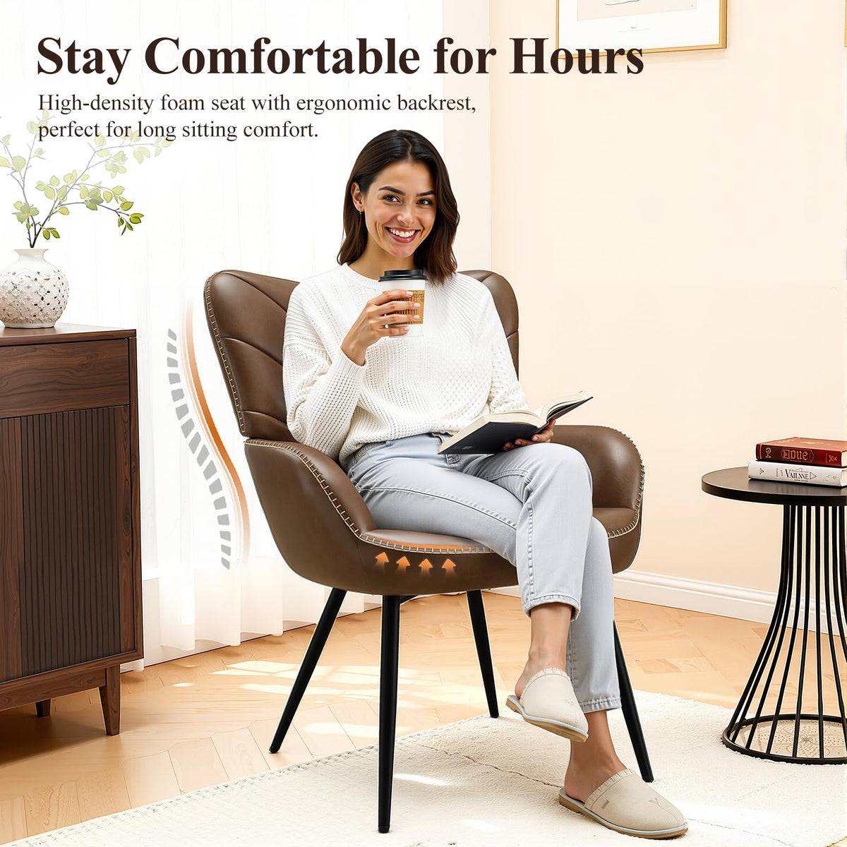 MALOL Mid-Century Modern Faux Leather Accent Chair for Living Room, Upholstered Armchair with Curved Ergonomic Back, High-Density Cushion & Metal Legs, Lounge Chair for Bedroom/Reading Corner