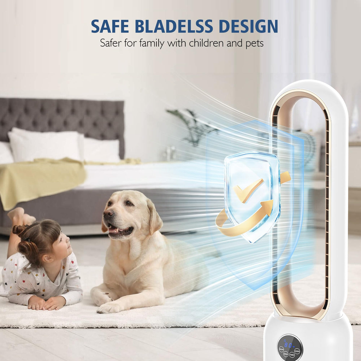 MOMOKOVA Bladeless Tower Fan for Bedroom, Powerful 26ft/s Airflow, 24 Speeds, 90° Oscillation, 12H Timer, Standing Fans with Remote, Quiet Bladeless Cooling Fan for Home Office Room, White Gold