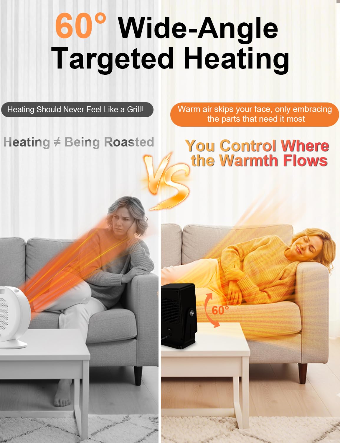 Verminget Space Heater for Indoor Use,Desktop Small PTC Heater with 2s Fast Heating,Tip-Over&Overheat Protection,60°Adjustable Angle Portable Personal Electric Heater for Office,Bedroom,Garage,Dorm