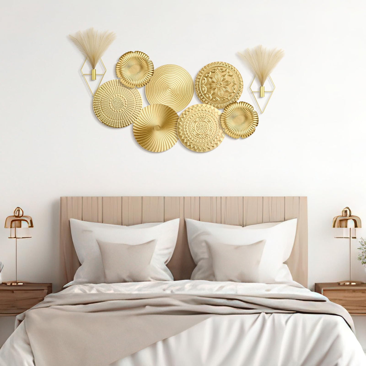 Wesiti 9 Pcs Gold Metal Wall Art Set Hanging Planters with Artificial Pampas Grass Modern Boho Wall Decor Set for Living Room Bedroom Bathroom Office