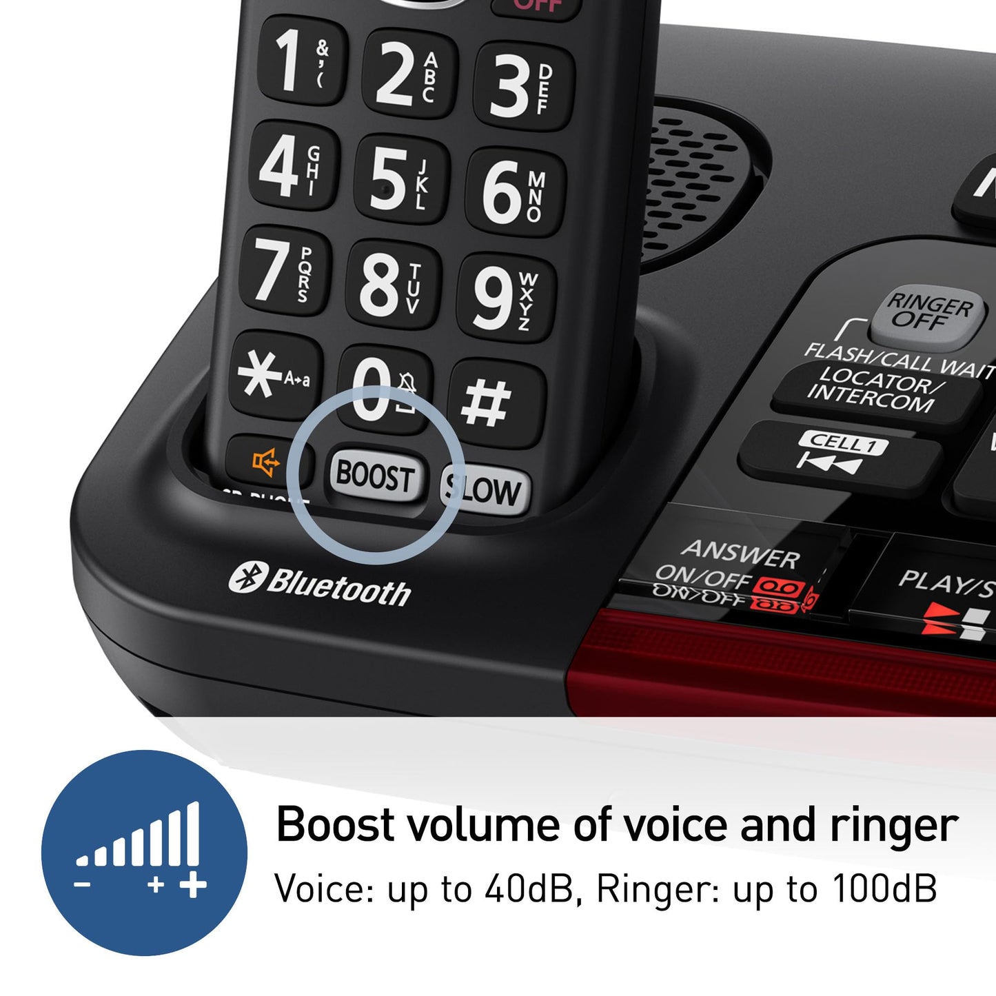 Panasonic 1 Handset Amplified Cordless Phone with Slow Talk, 40dB Volume Boost, 100dB Lound Visual Ringer, Hearing Aid Compatibility, Large Screen and Backlit Keypad, Link2Cell - KX-TGM430B (Black)