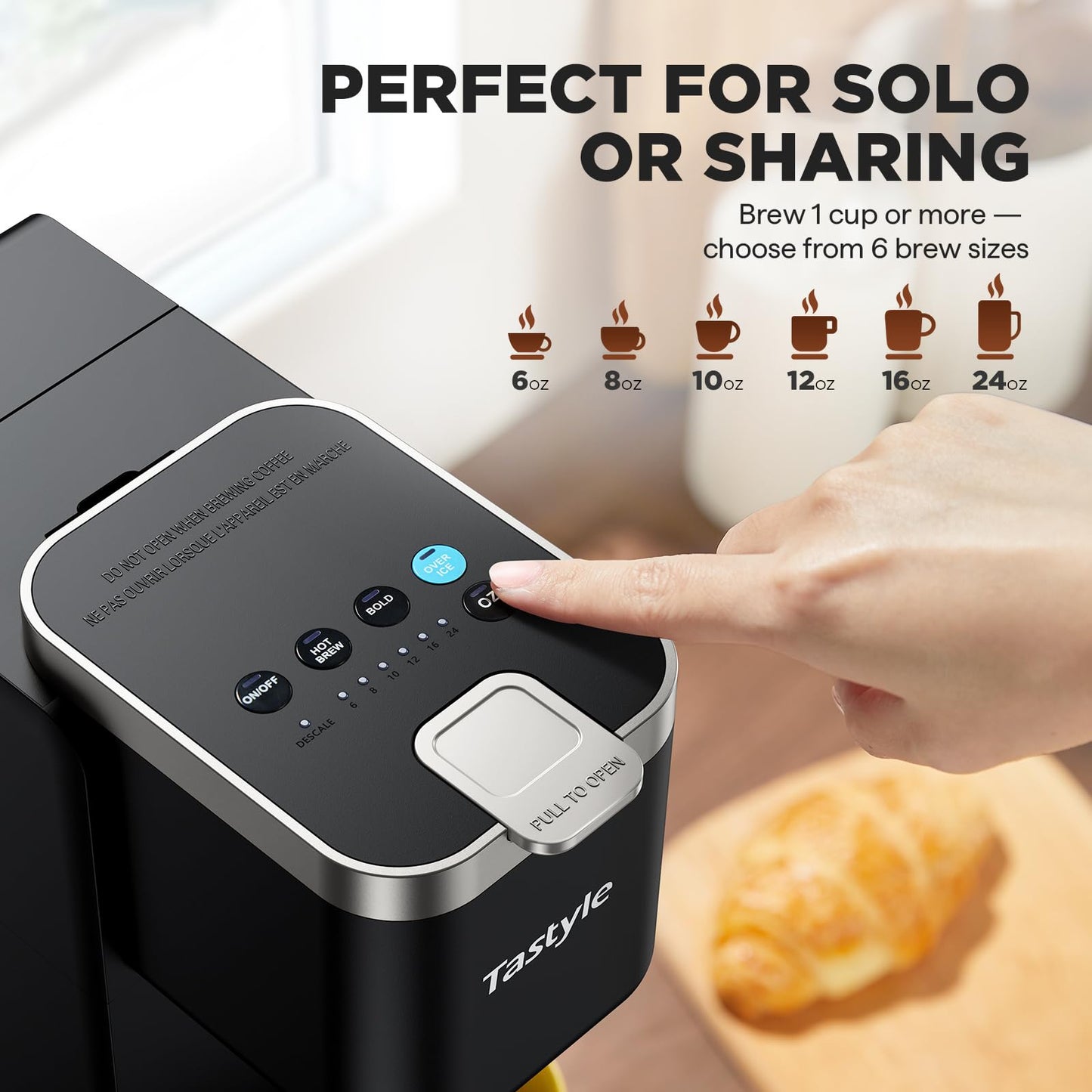 Tastyle Single Serve Coffee Maker, Iced and Hot Coffee Machine for K Cup & Grounds, Compact Design, 40oz Removable Water Reservoir, 6 to 24 Oz Brew Sizes, Fits 7.3" Travel Mug, Black