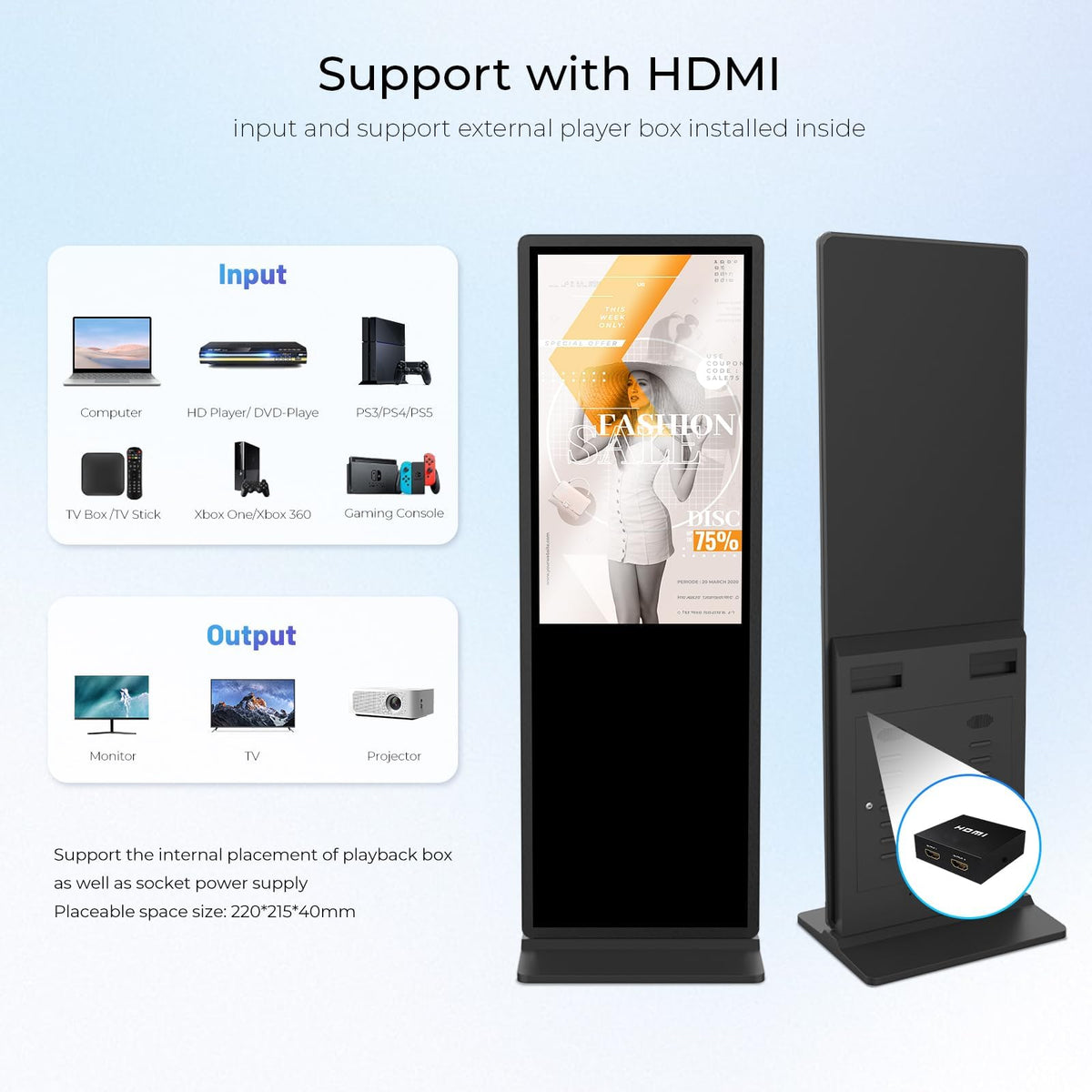 HARZHI 43 inch Digital Signage Display, 4K UHD LCD Screen, Indoor Floor Standing Advertising Kiosk, Android OS, Auto Media Player, HDMI/USB/WiFi (Touch)