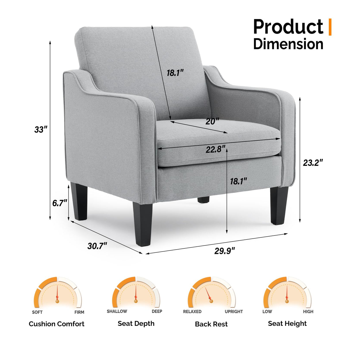 VINGLI Mid Century Modern Accent Chair, Light Grey Fabric Accent Chairs for Living Room Upholstered Armchair with Scooped Arms for Bedroom, Apartment, Studio, Office, Waiting Room