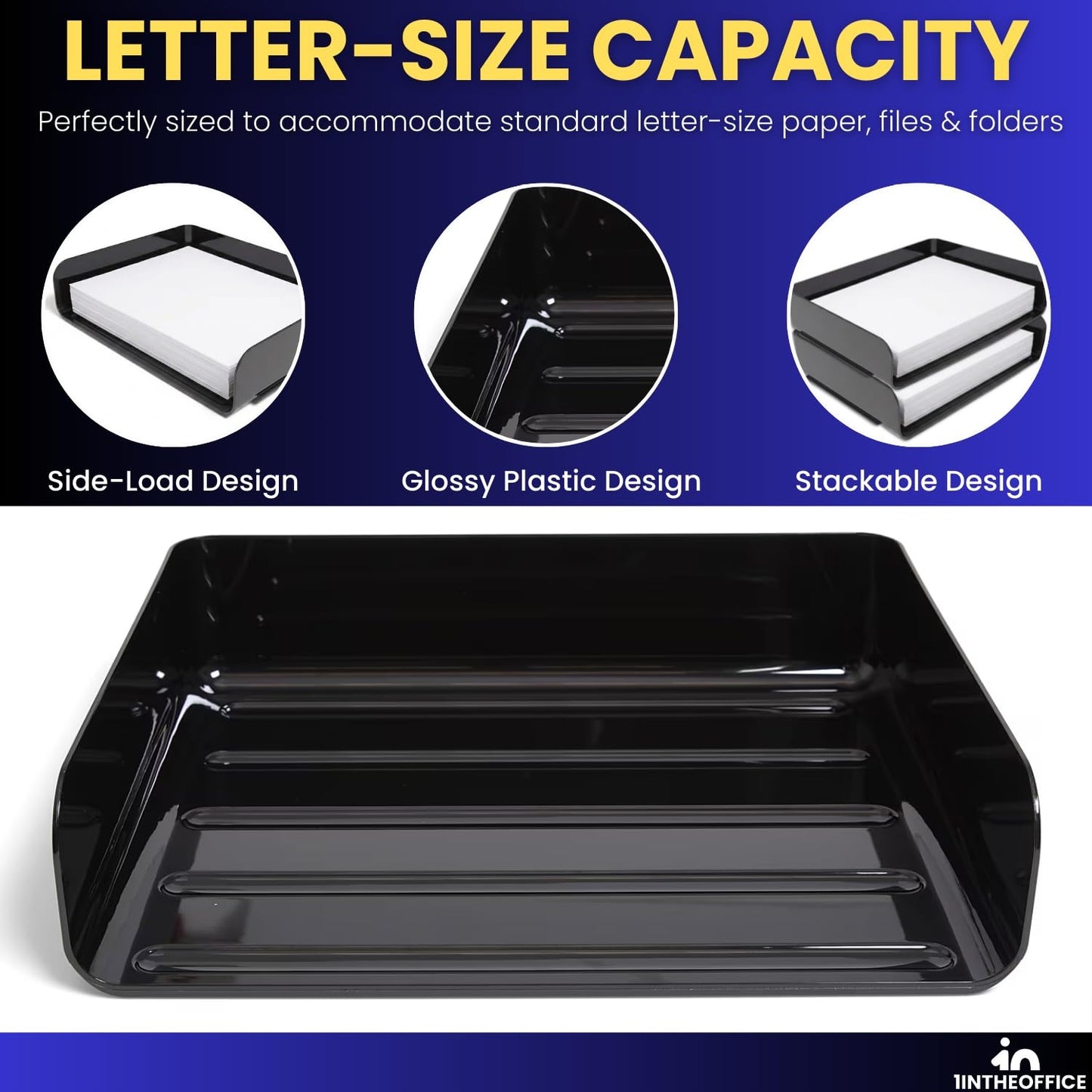 1InTheOffice 2-Tier Letter Tray Desk Organizer, Stackable, Side Load, Black, 2 Pack