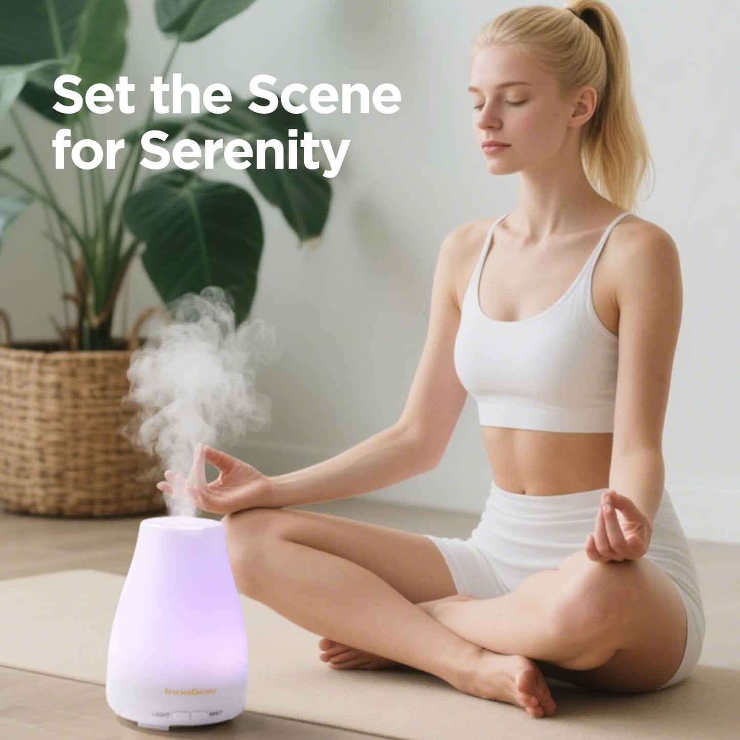 InnoGear Essential Oil Diffuser, Ultrasonic Diffusers for Home Aromatherapy Humidifier for Mother's Gift Bedroom Room 7 Colors LED 2 Mist Mode Auto Off, Basic White