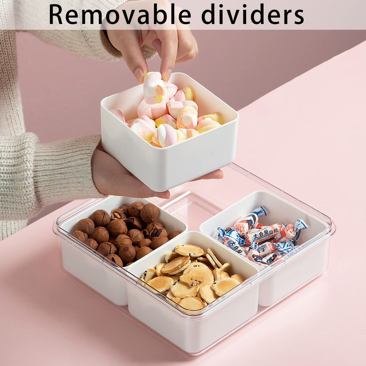 MineSign 2Pack Divided Veggie Tray with Lid Snackle Box Serving Container Salad Keeper with 4 Removable Boxes Stackable Refrigerator Organizer Bins Produce Saver for Meal Prep Fruit