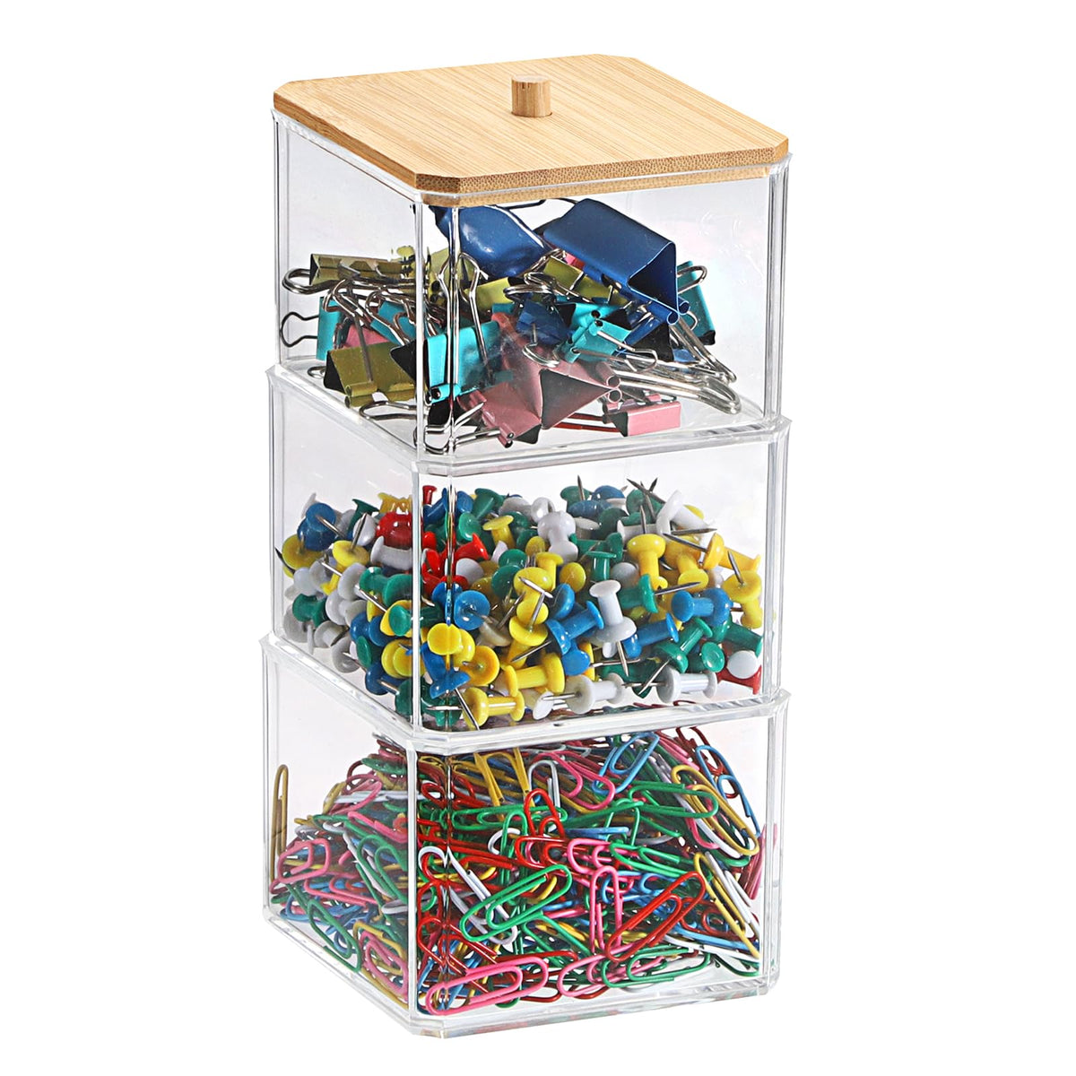 BTSKY Clear Stackable Paper Clip Holder with Bamboo Lid 3-Layer Paperclip Box Thick Acrylic Office Supply Accessory Organizer Square Small Storage Holder Cute Qtip Holder for Office Bathroom Vanity