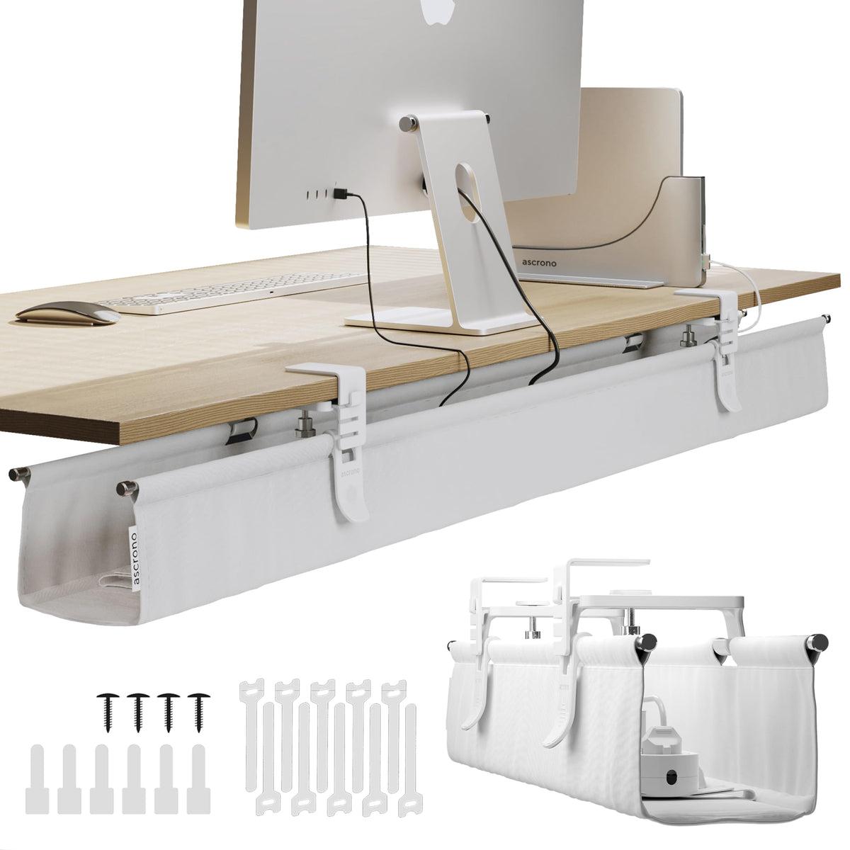 Ascrono Original No Drill Under Desk Cable Management Tray 53.9" - Premium White Fabric Cable Management Under Desk - Clamp/Screw Mount Cord Organizer - Supports Upto 66lbs - Extra Large