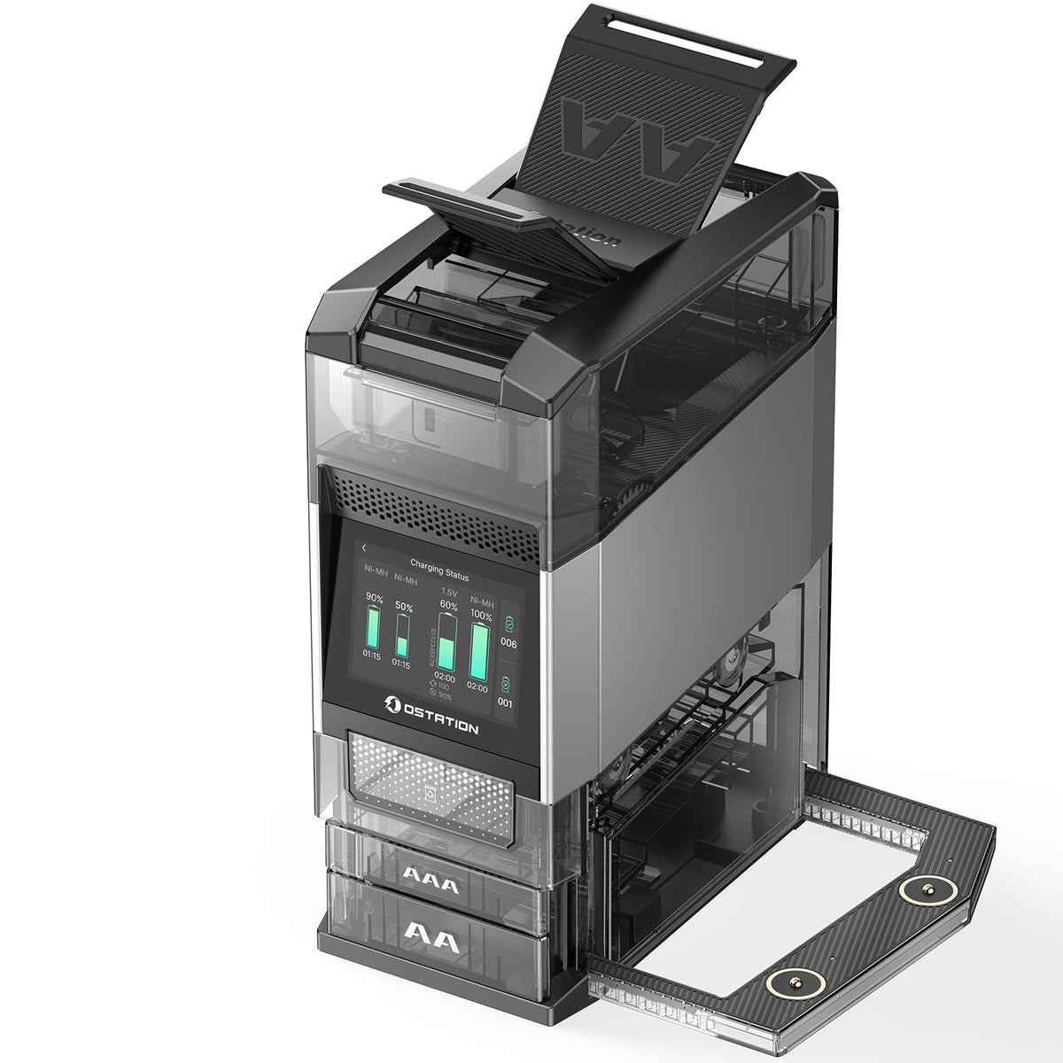 Ostation 2 Pro AA AAA Battery Charger Charging Station, 3 in 1 Smart Polarity-Free Charger Organizer with Touchscreen & App for NiMH Lithium, Auto-Sort Good & Bad, Stores 24 Batteries (Charger Only)