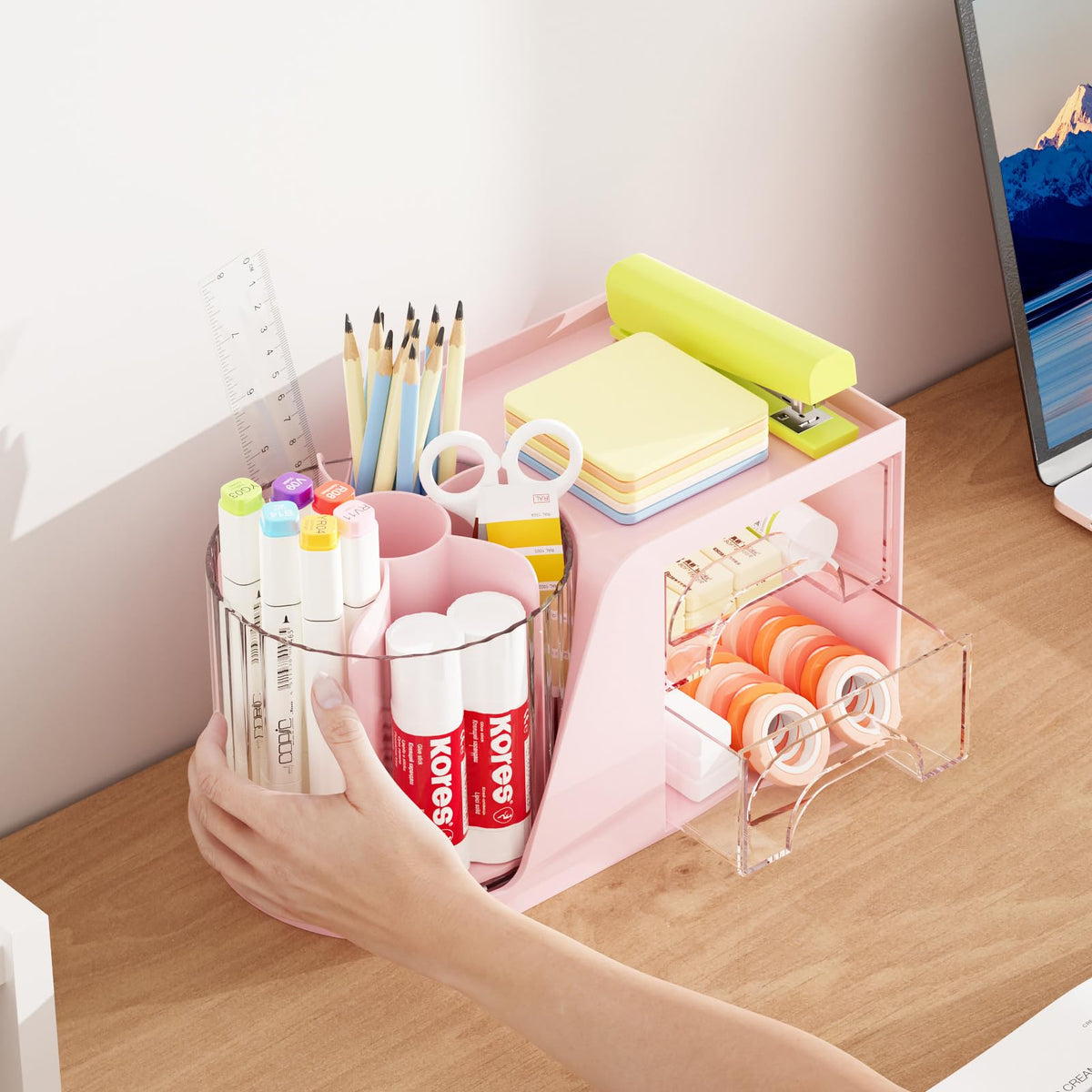 Marbrasse Desk Organizer with 2 Drawer, 360°Rotating Pen Holder, Desk Organizers and Accessories with 6 Slots Pencil Organizer + 2 Drawer, Art Supply Storage Box Caddy for Office (Pink)