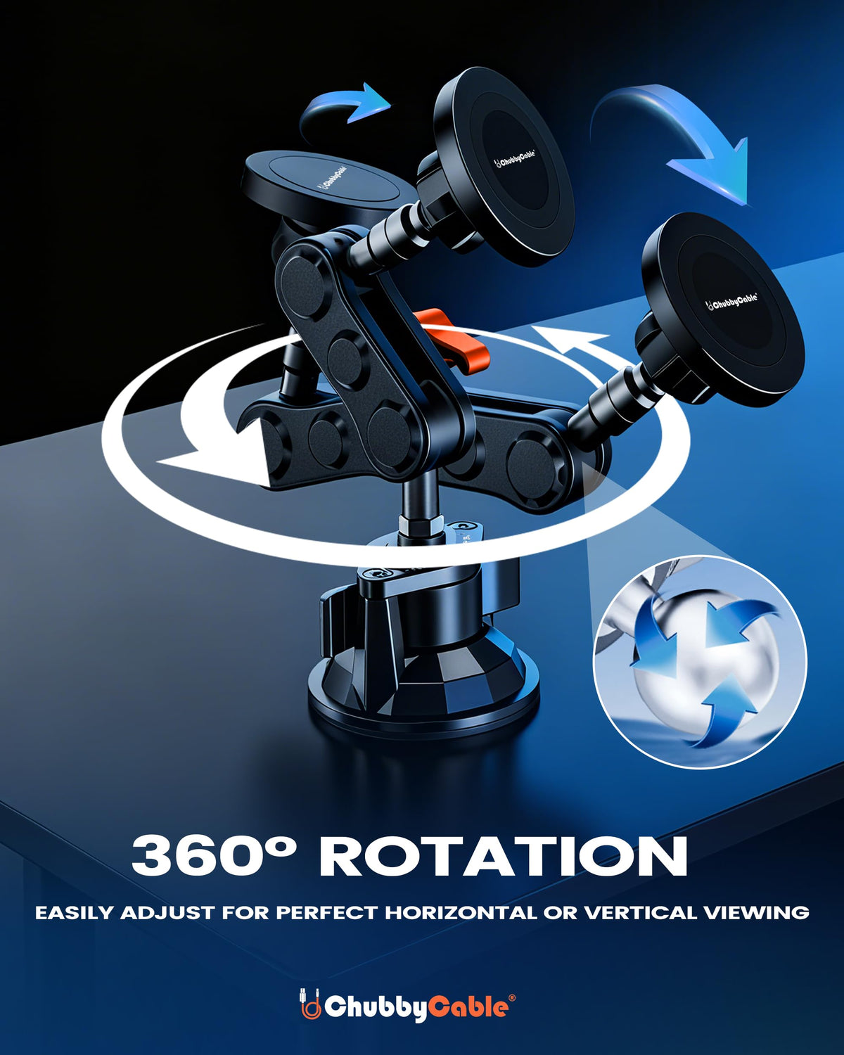 chubbycable ChubbyGrip Magnetic Car Phone Holder 360° Adjustable Car Phone Mount for Windshield, Ultra-Durable Metal Suction Cup Phone Mount for iPhone Samsung All Smartphone, Magnetic