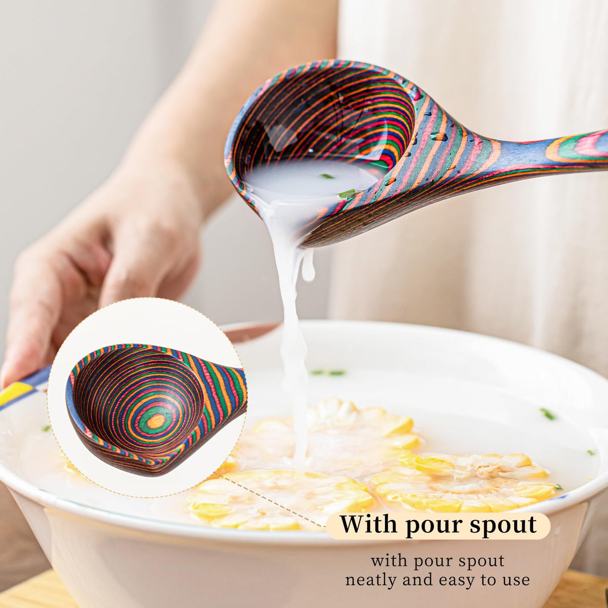 Gudamaye Pakkawood Rainbow Deep Soup Ladle with Spout, 9.6 inch Big Soup Ladle for Cooking