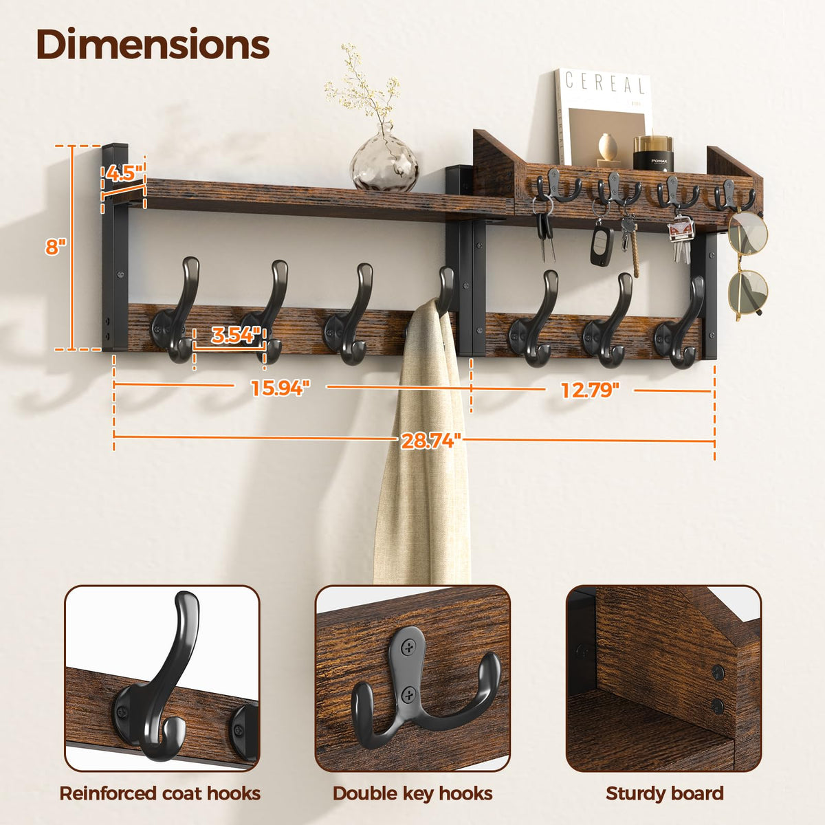 Evermagin 29" Coat Rack Wall Mount with Shelf, 4 in 1 Coat and Key Hanger with 11 Metal Hooks, Entryway Wall Mounted Shelf with Mail Holder for Living Room, Bedroom, Rustic Brown