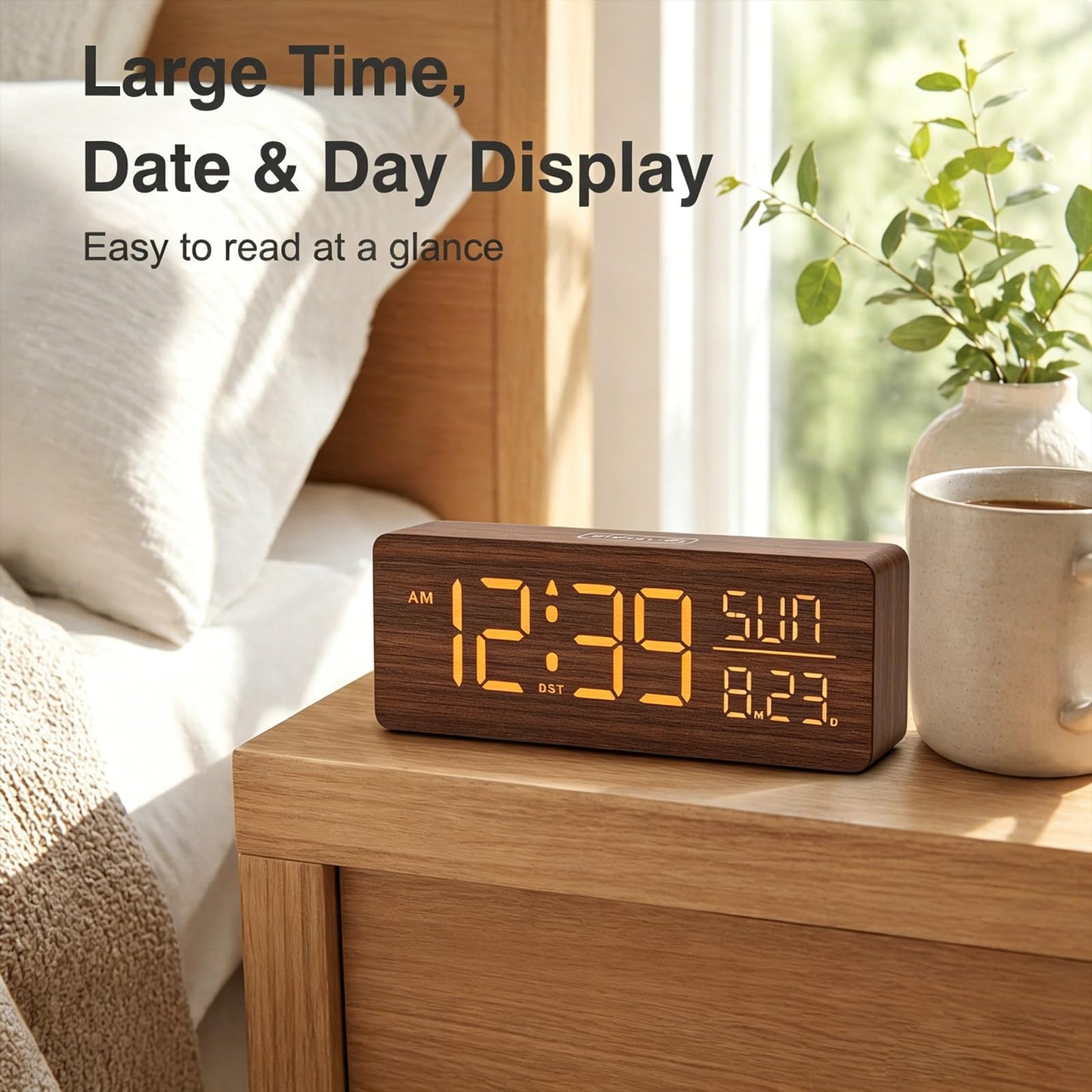 Peakeep Wooden Digital Alarm Clock Large Display, Textured Desk Table Decoration for Bedroom, Living Room, Plug in Clock with Time Date Day, 5 Brightness, Auto DST