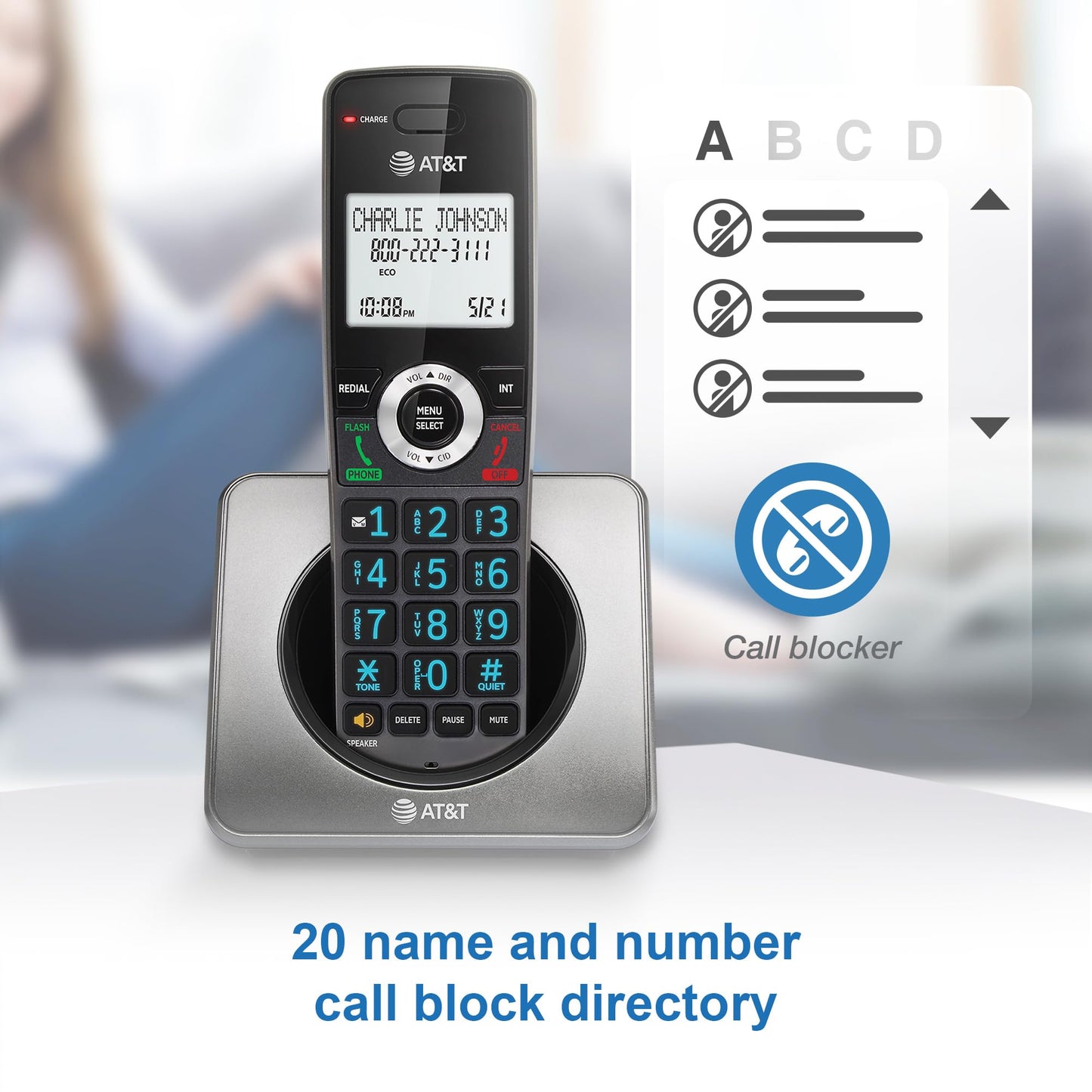 AT&T GL2101-2 DECT 6.0 2-Handset Cordless Phone with Call Block & Caller ID - Full-Duplex Speakerphone, 2" White Backlit Display, Lighted Keypad, Graphite & Black