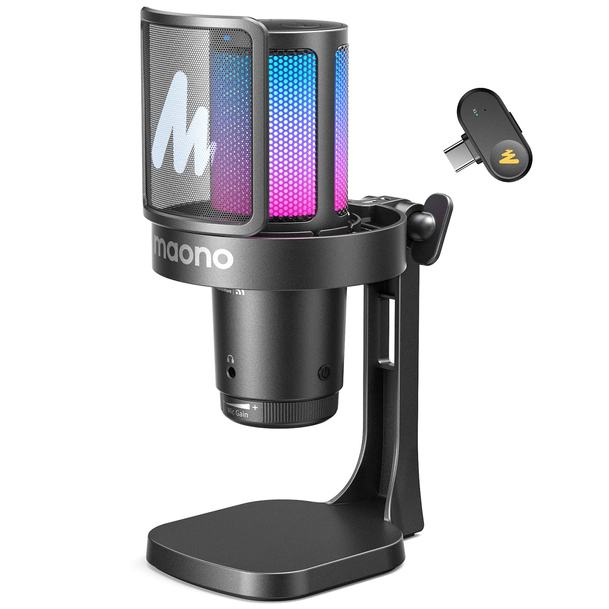 MAONO DGM20W Wireless Microphone for PC, Condenser USB Mic for Gaming Streaming with Noise Cancellation & Quick Mute,Gain Control,RGB,Software, Computer Desktop Mic for PS5 Twitch Discord