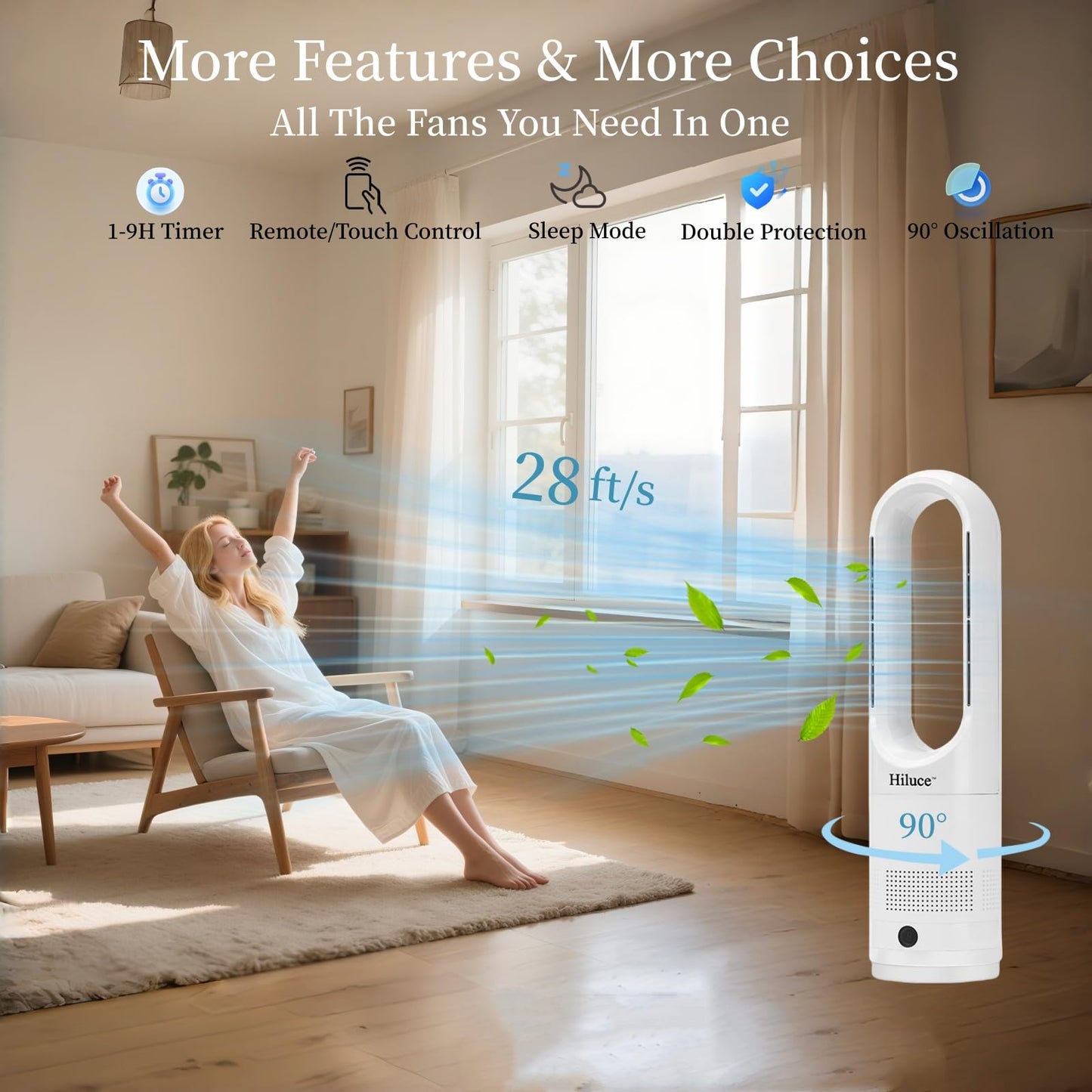 Hiluce All Season Bladeless Fan, 1400W Space Heater & 40W Tower Fan Combo with Remote,25dB Quiet Heater Fan Combo,90° Oscillation,8 Speeds, 9H Timer,Fast Safety Heat for Bedroom, Kitchen, Office 22"