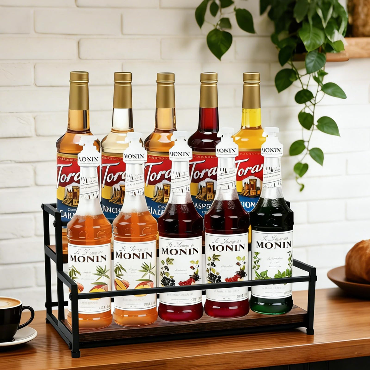 HRUSGO Coffee Syrup Rack Organizer - Metal Bottle Holder for 10 Bottles – Rustic Countertop Display Shelf for Coffee Bar, Kitchen Cabinet, Pantry Storage for Syrups, Liquor, Spice, Tea & Wine (2-Tier)