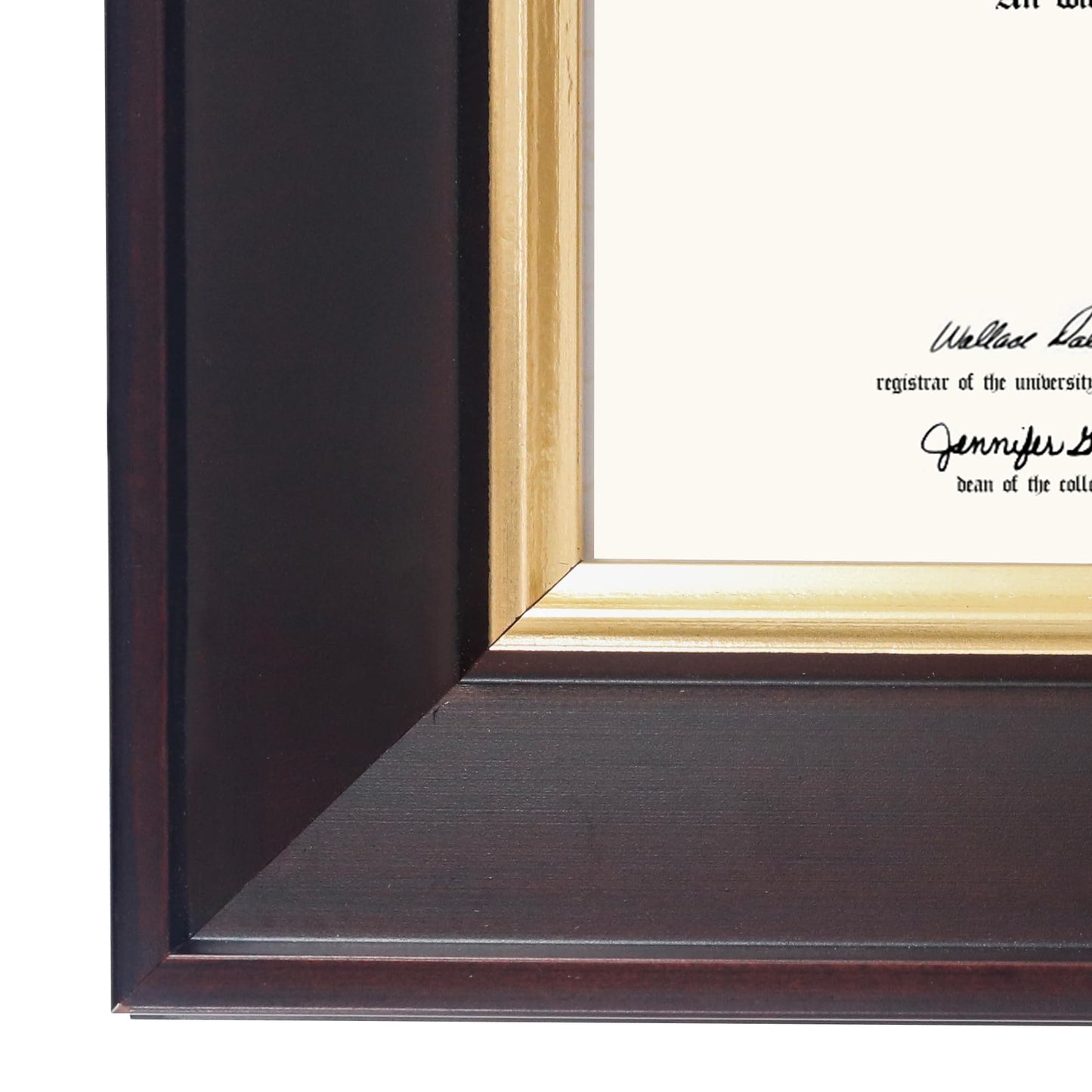 GMFrames 8.5x11 Wood Diploma Frame with Green Mat or Display 11x14 Certificates without Mat,Tempered Glass,Deep Brown Finish with Gold Trim