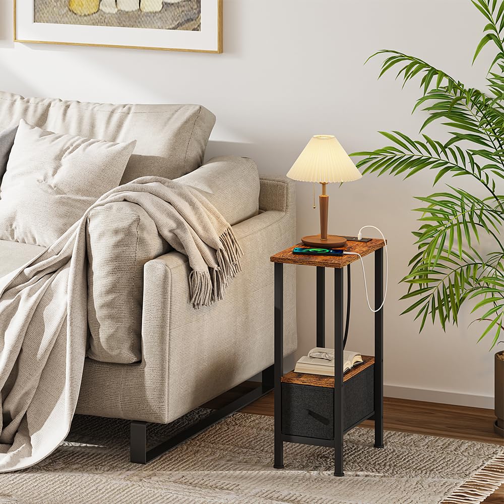 VIMBER Narrow Side Table for Small Spaces, Skinny End Table with Charging Station, Sofa Beside Table with 1 Drawer 1 Open Compartment, Slim Nightstand with USB Ports Outlet, Rustic and Brown