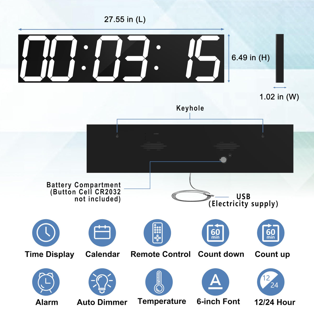 CHKOSDA Digital Wall Clock, Oversize Led Digital Clock with Auto Dimmer, Huge Countdown Timer with Remote Control, 27" Wide Led Display, 6 Digits, Wall Mount, Date and Temperature (White)