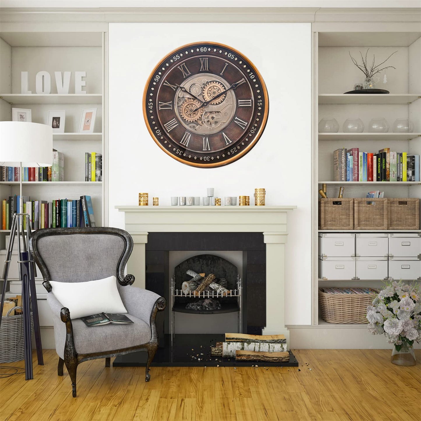 CLXEAST 24 Inch Wall Clock with Moving Gears,Oversized Large Industrial Steampunk Style, Antique Gold Metal Roman Numeral Wall Clocks for Farmhouse Living Room Decor