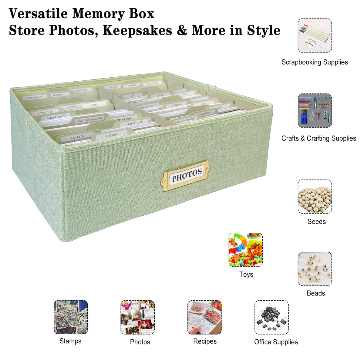 Sprsthai Linen Photo Storage Box – Holds 1700 Photos, 24 Adjustable Dividers & 72 Labels Multi-Use Organizer for Photos, Envelopes, Recipes Beige