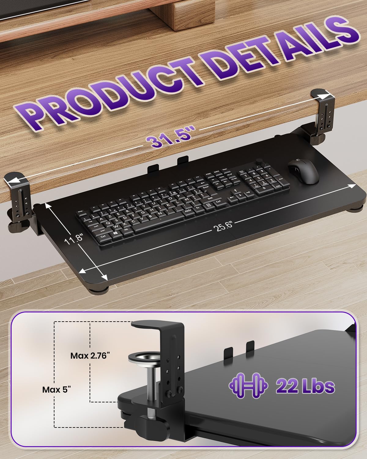 Zontera Ergonomic Keyboard Tray Under Desk, Pull Out with Adjustable C-clamp, 25.6 (31.5 Including Clamps) x 11.8 Inch Slide Out Computer Keyboard Drawer Mouse Tray for Typing, Large & Black