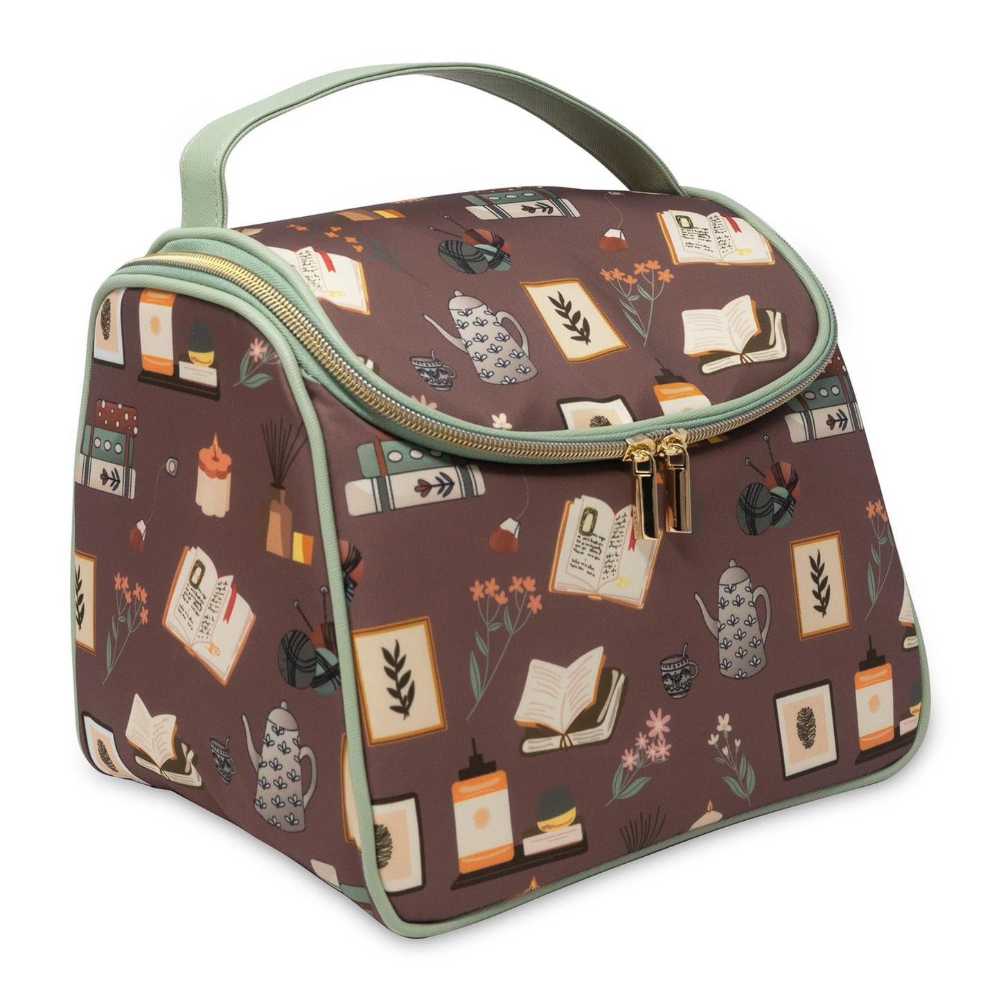 Steel Mill & Co Insulated Lunch Tote Bag for Women, Large Capacity Cooler Lunch Box, Cute Lunch Bag for Adults, Wide Opening Cooler with Zipper Closure, and Sturdy Handles (Book Nook Brown)