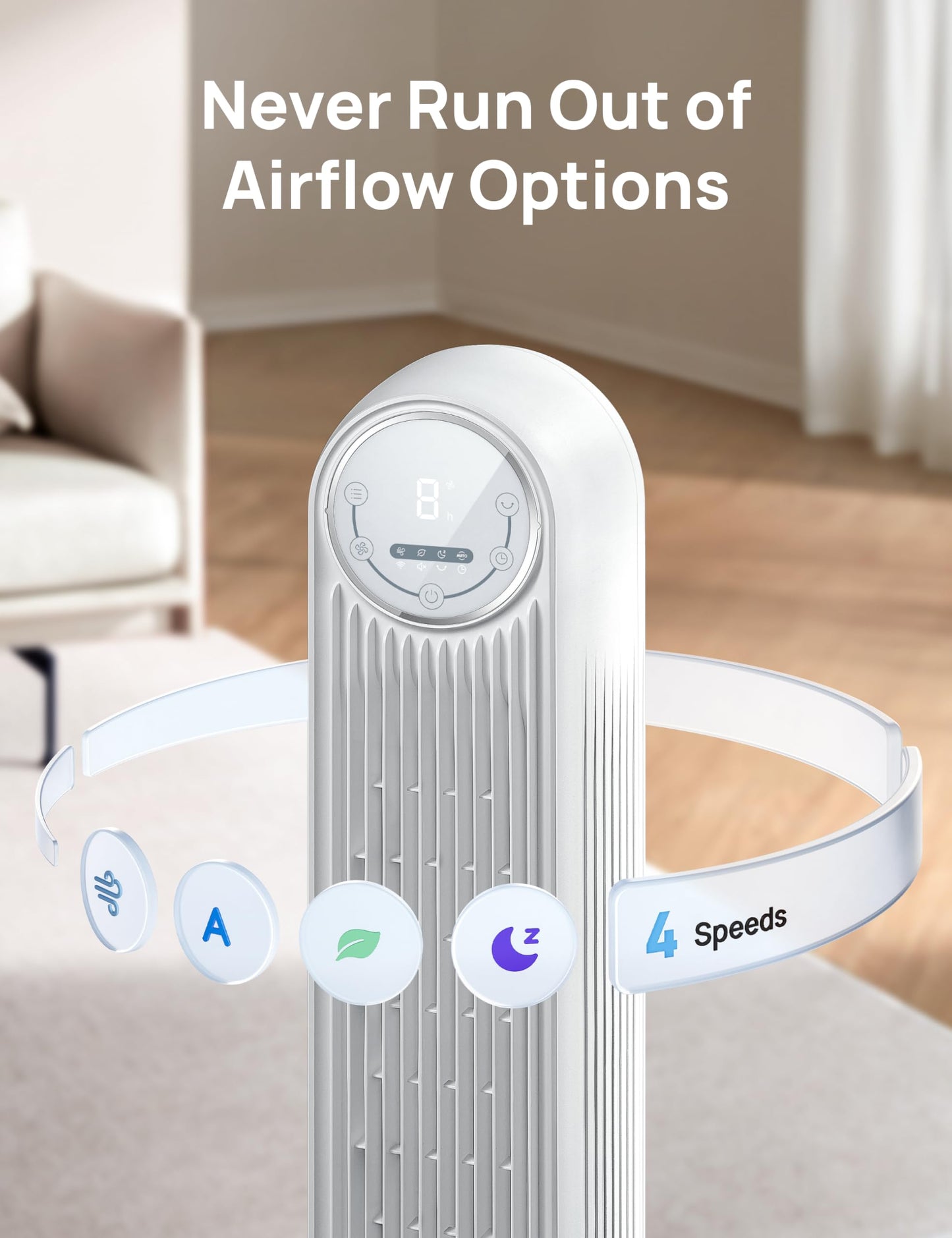 DREO Tower Fan for Bedroom, 25ft/s Smart Standing Fans, 90° Oscillating Floor Fan with 4 Modes, 4 Speeds, 8H Timer, 28dB, Bladeless, Remote, Works with WiFi Voice Control